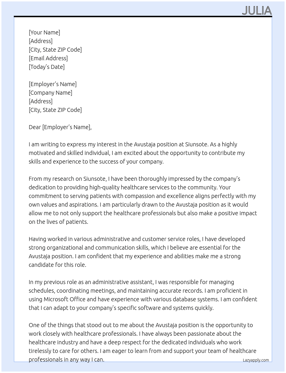 Avustaja At Siunsote Cover Letter