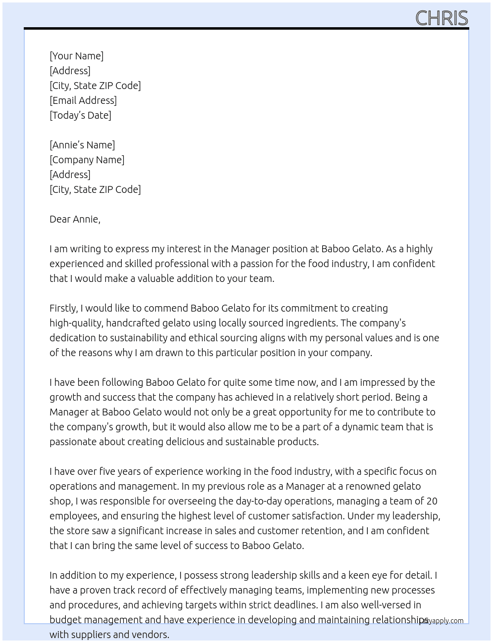 Manager At Baboo Gelato Cover Letter