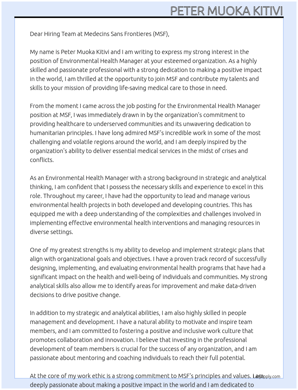 Cover letter for environmental health manager - LazyApply