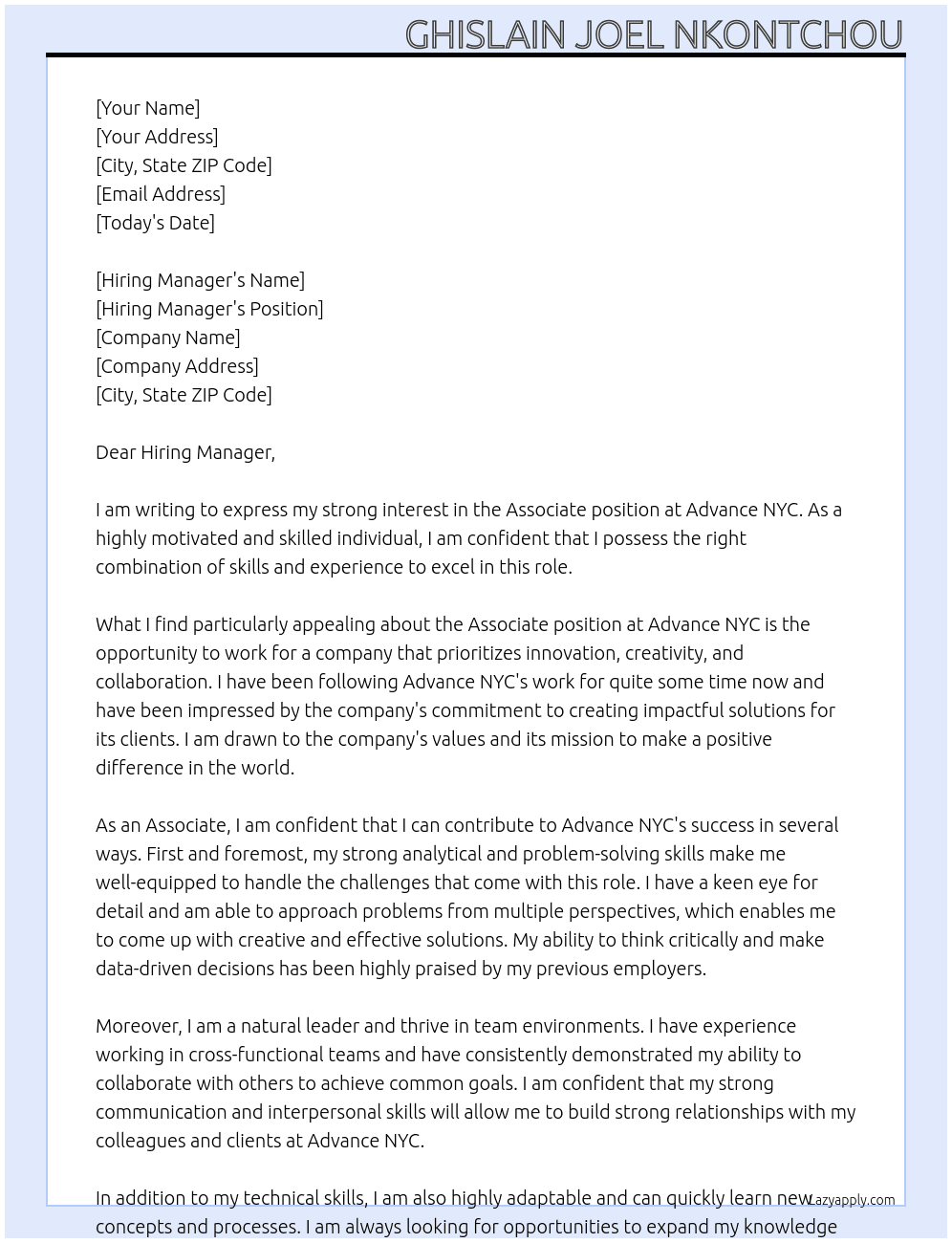 Associate At Advance NYC Cover Letter