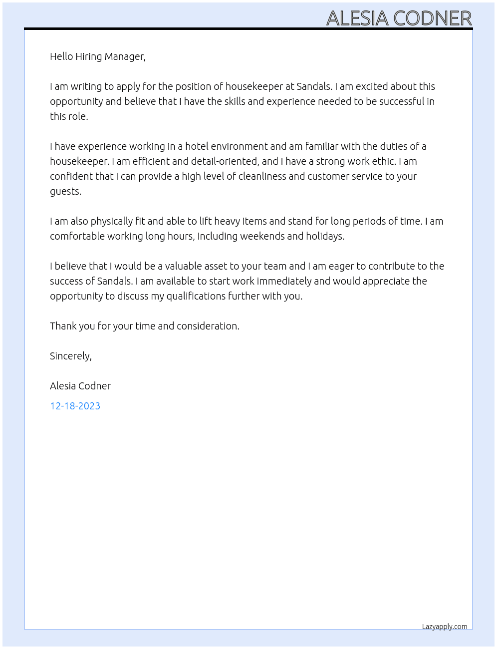 housekeeper At Sandals Cover Letter