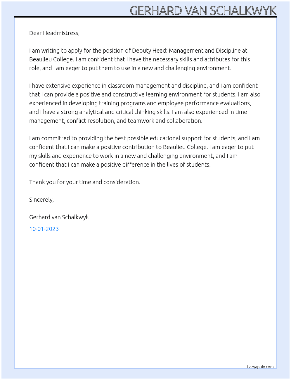 Deputy Head: Management and Discipline  At Beaulieu College Cover Letter