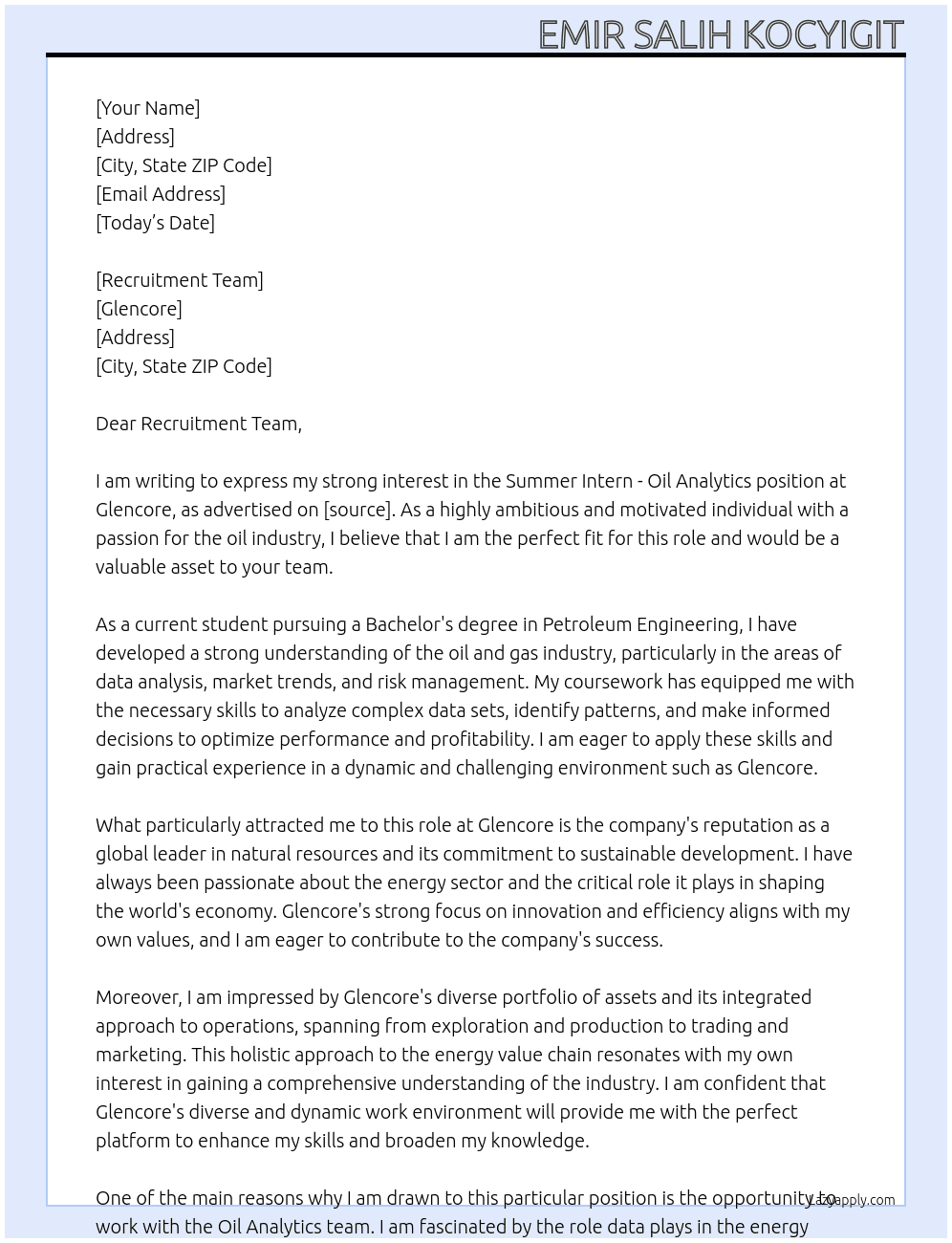 Cover letter for summer intern - oil analytics - LazyApply