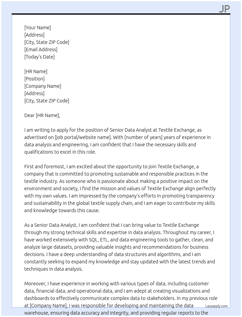 Senior Data Analyst At Textile Exchange Cover Letter