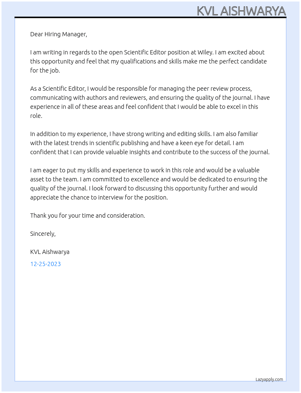 Scientific editor At Wiley Cover Letter