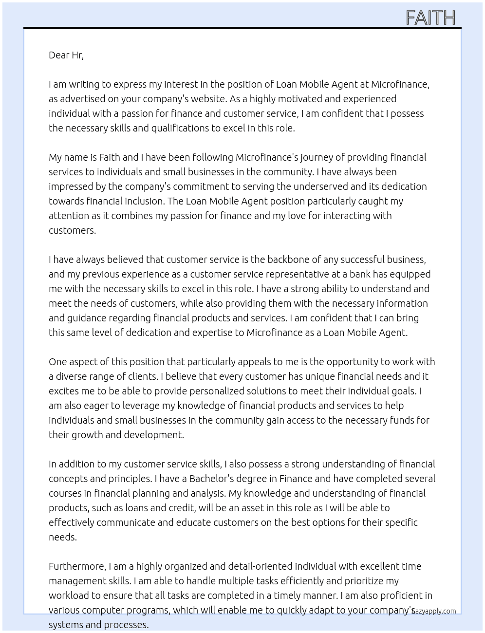 Loan mobile agent  At Microfinance Cover Letter
