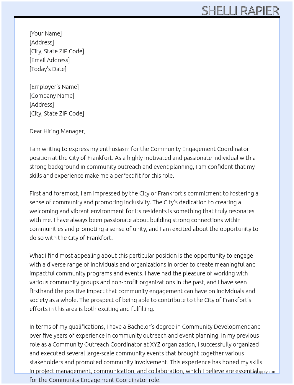 Community Engagement Coordinator At City of Frankfort Cover Letter