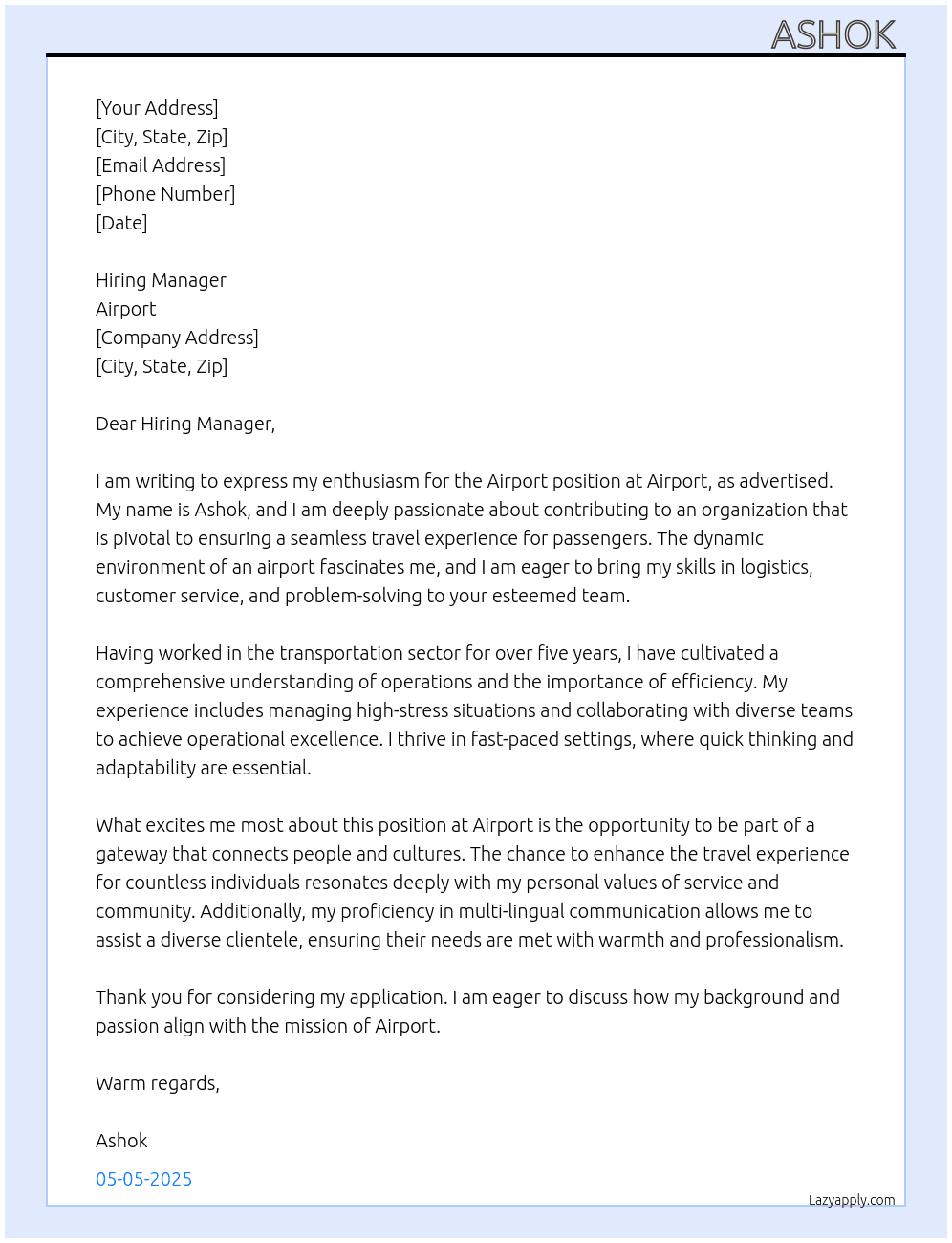 Airport   At Airport  Cover Letter