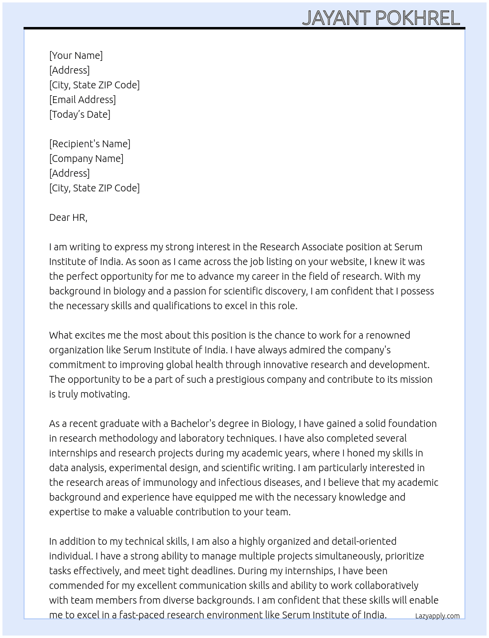 Research associate  At Serum institute of india Cover Letter