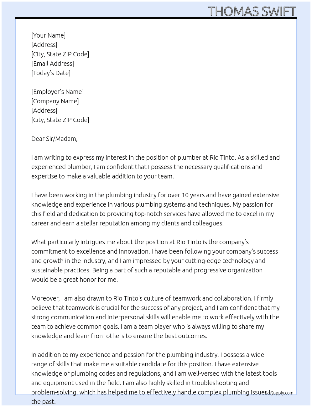 plumber At Rio Tinto Cover Letter