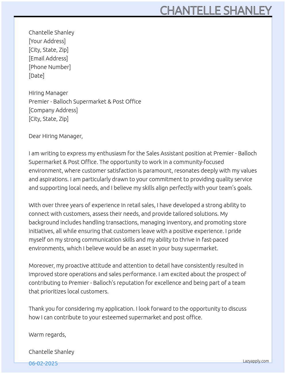 Sales Assistant At Premier - Balloch Supermarket & Post Office Cover Letter