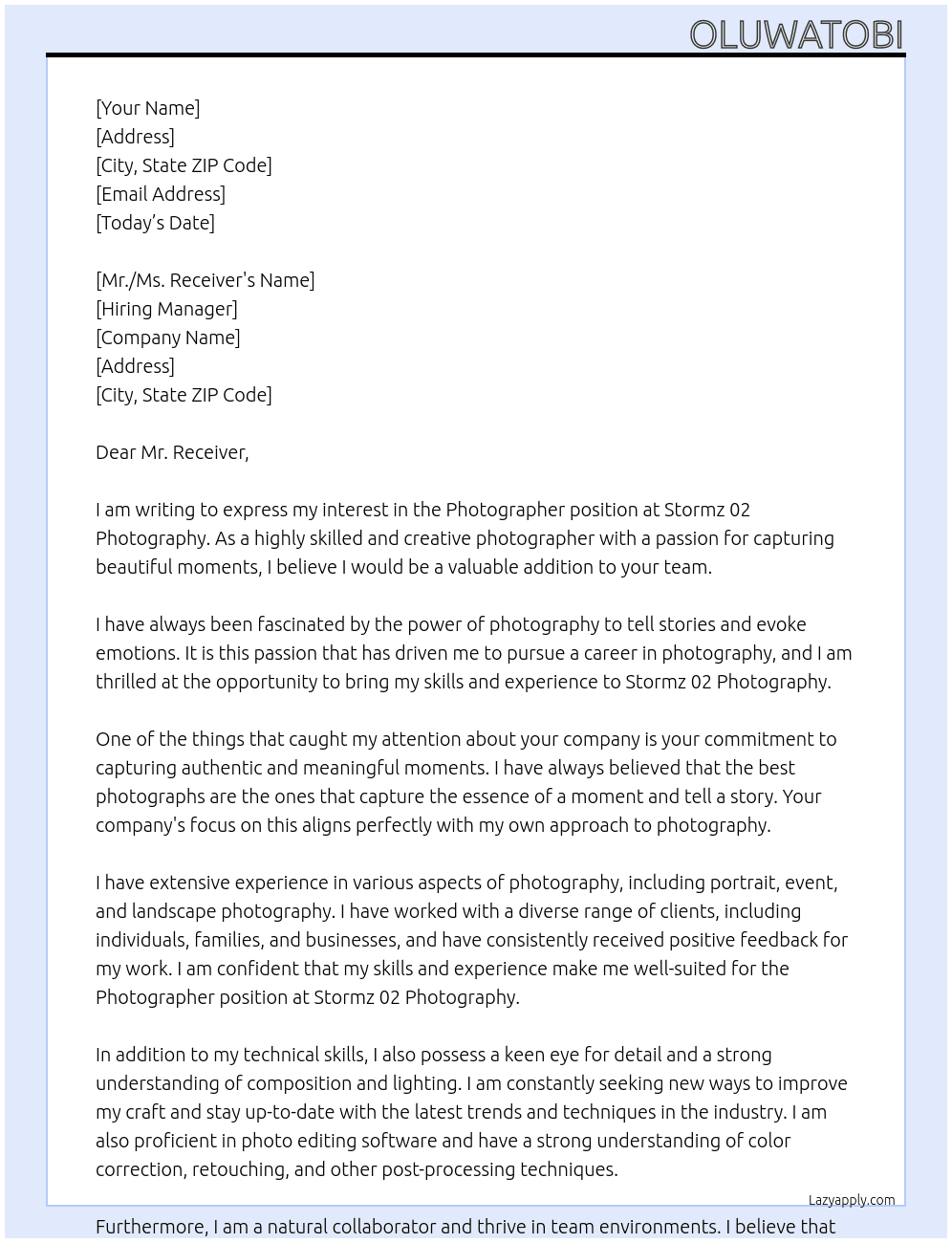 Photographer At Stormz 02 Photography  Cover Letter