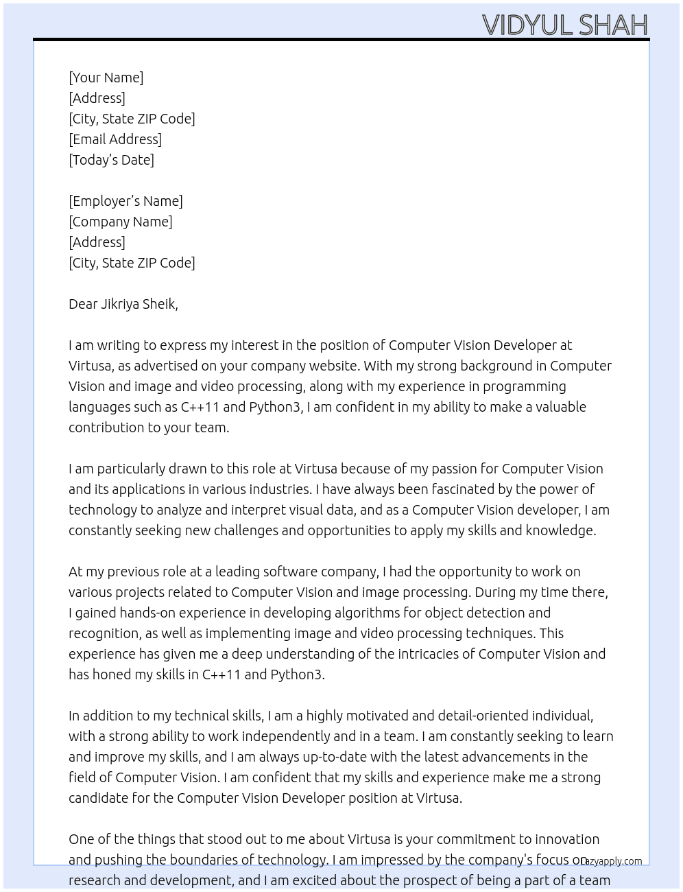 Computer Vision Developer At Virtusa Cover Letter