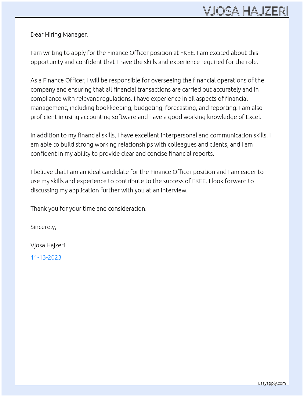 Finance Officer At FKEE Cover Letter