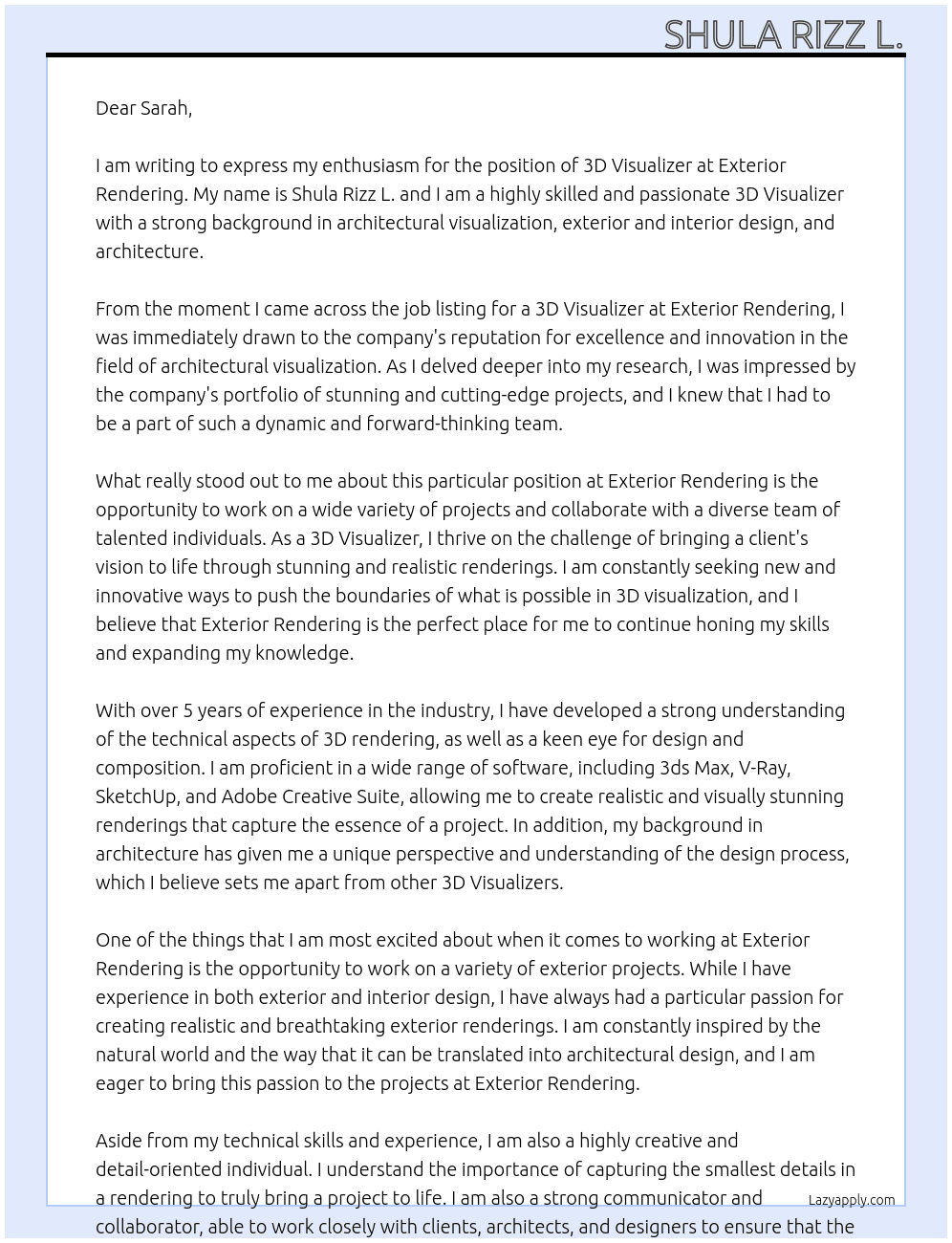 3d Visualizer At exterior rendering Cover Letter