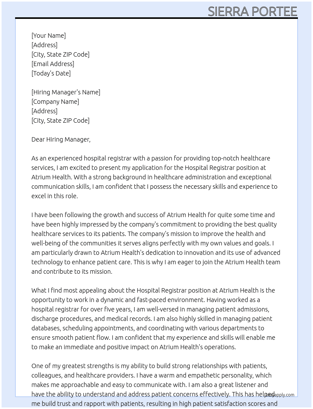 hospital registrar At Atrium Health Cover Letter