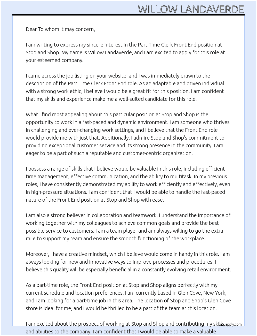 Cover letter for part time clerk front end - LazyApply