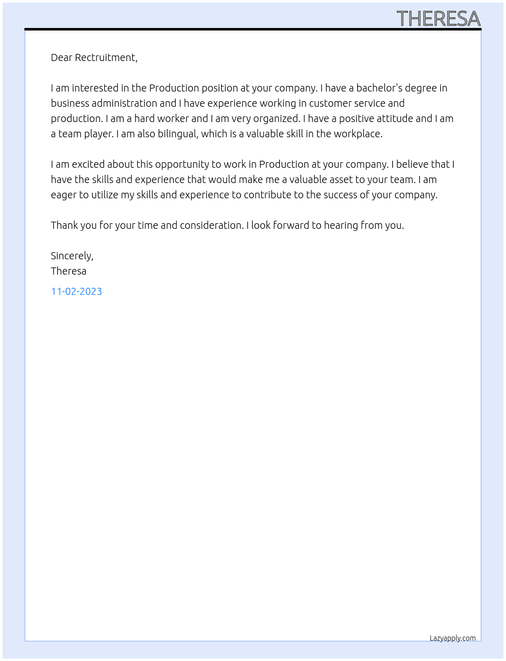 Production  At To be advised Cover Letter