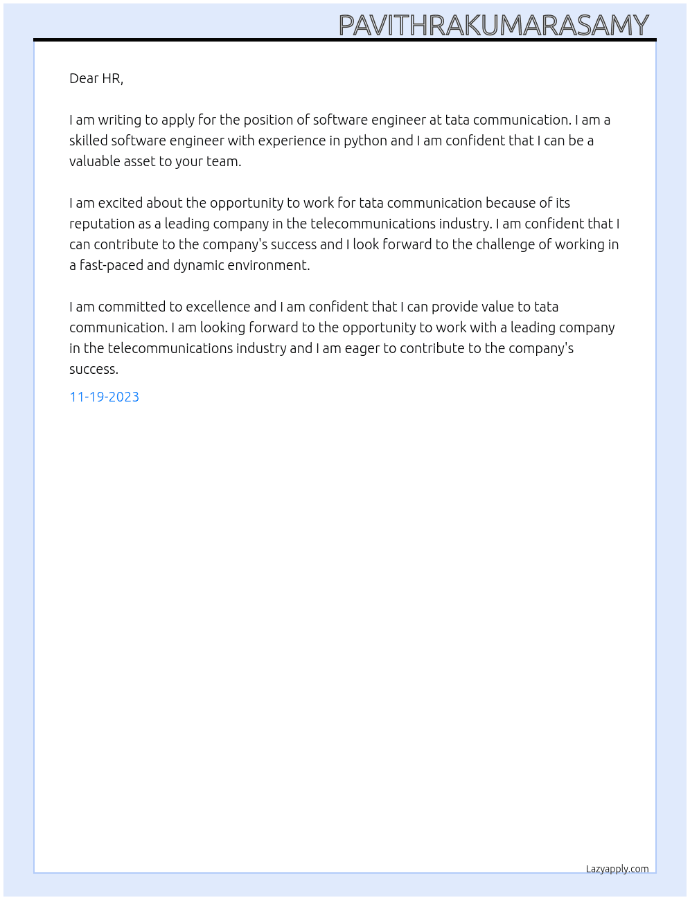 software engineer At tata communication Cover Letter
