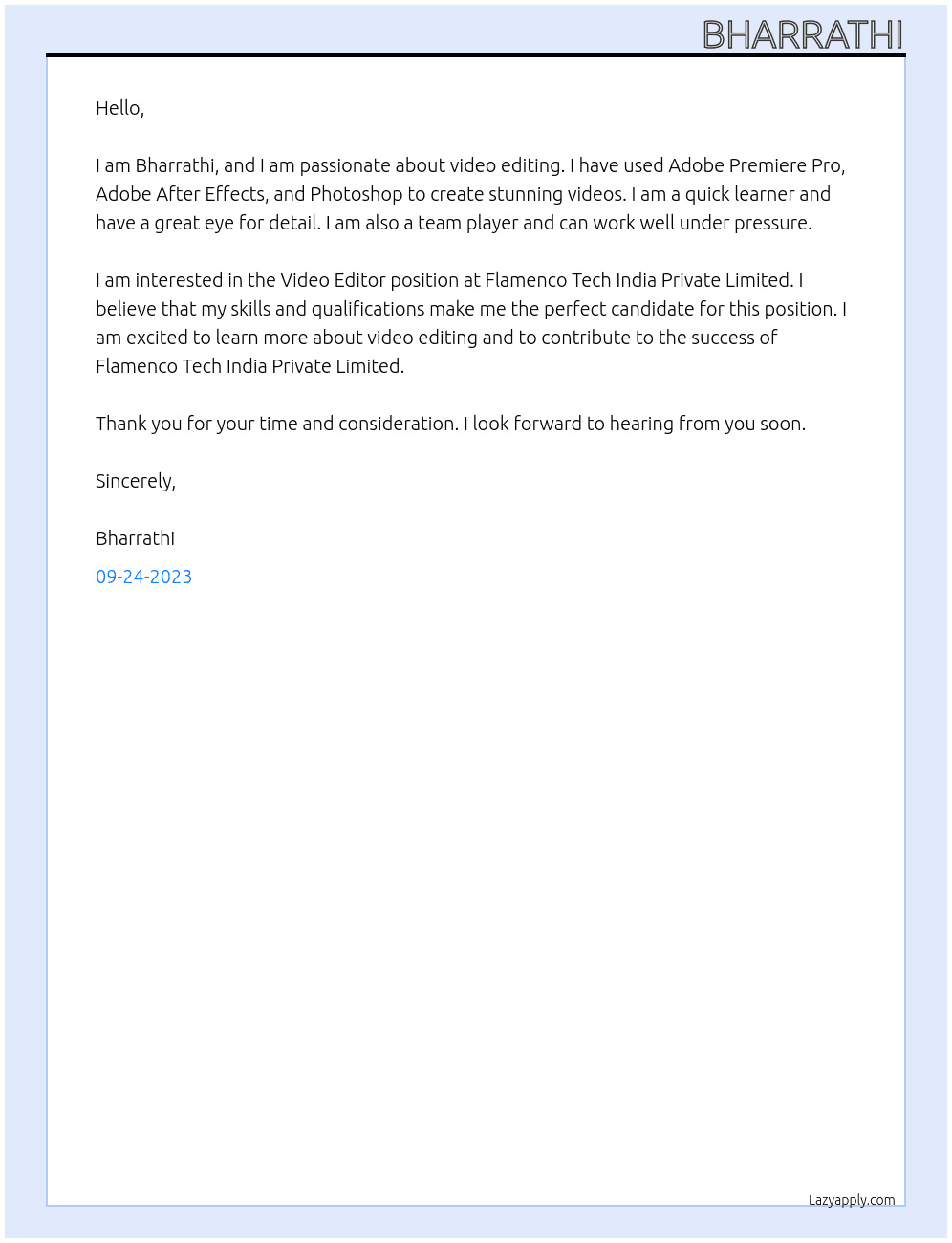 Video Editor At Flamenco Tech India Private Limited Cover Letter
