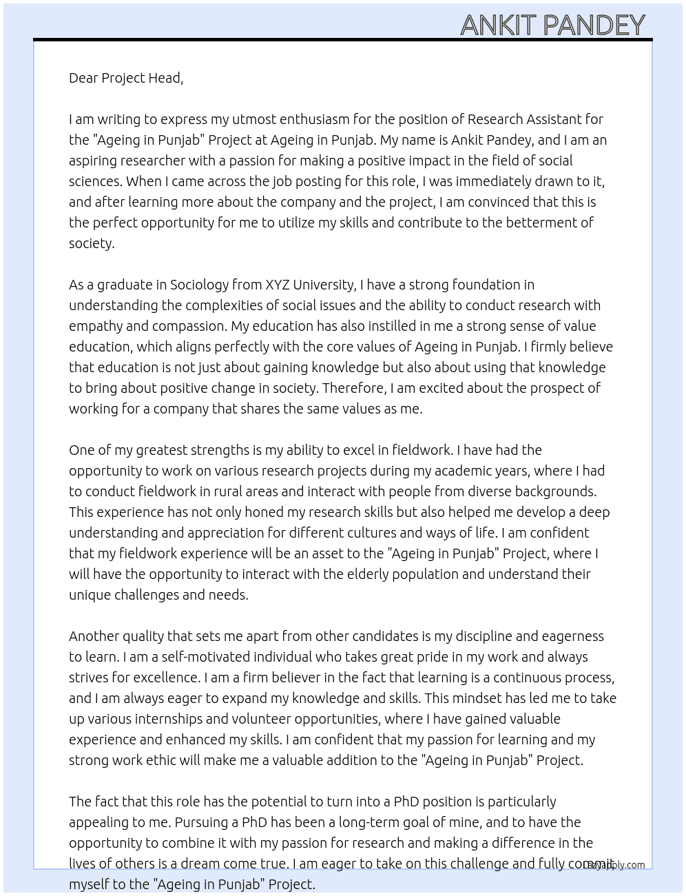 Research Assistant for "Ageing in Punjab" Project At Ageing in Punjab  Cover Letter