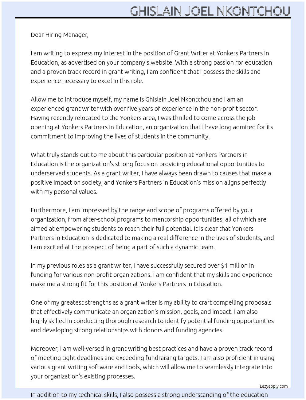Grant Writer At Yonkers Partners in Education Cover Letter