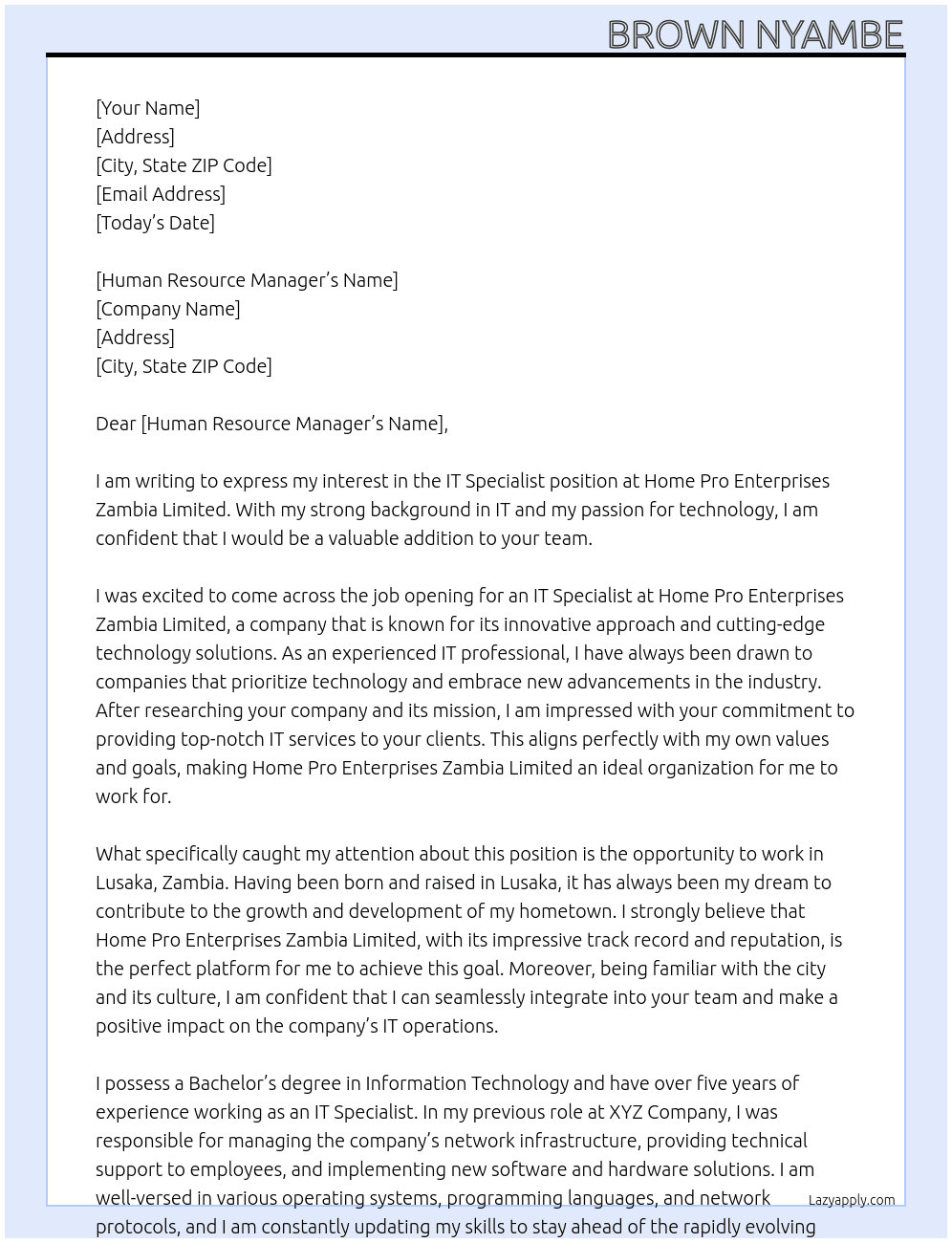 IT Specialist At Home Pro Enterprises zambia Limited Cover Letter