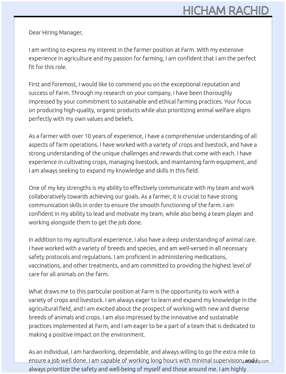 Farmer  At Farm Cover Letter