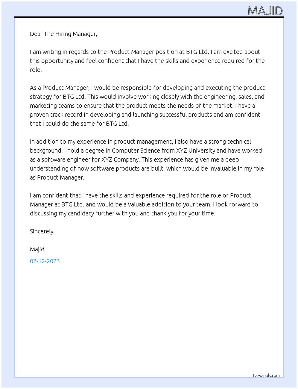 Product manager At BTG Ltd Cover Letter