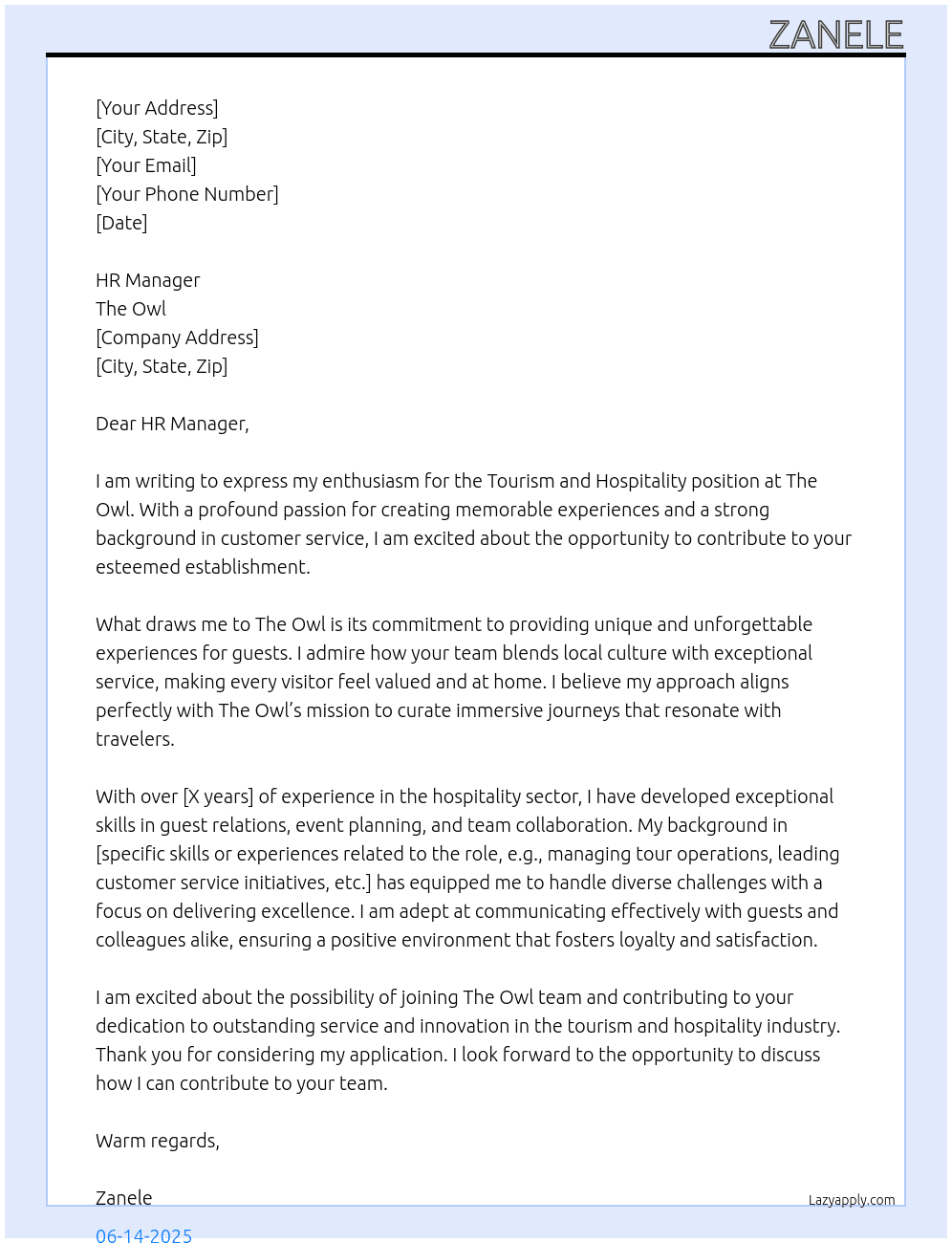 toursim and hospitality At the owl Cover Letter