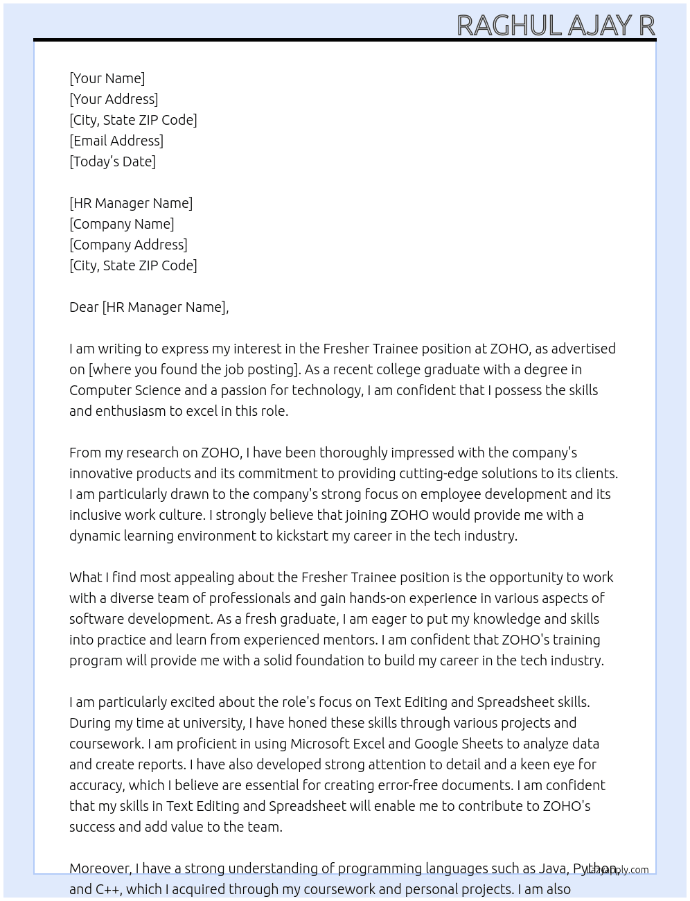 Fresher Trainee At ZOHO Cover Letter