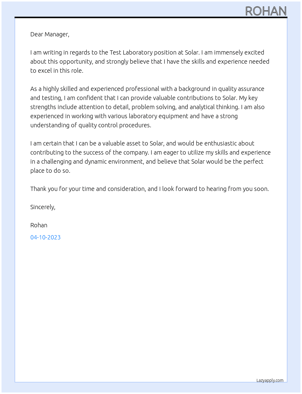 Test laboratory At SOLAR Cover Letter