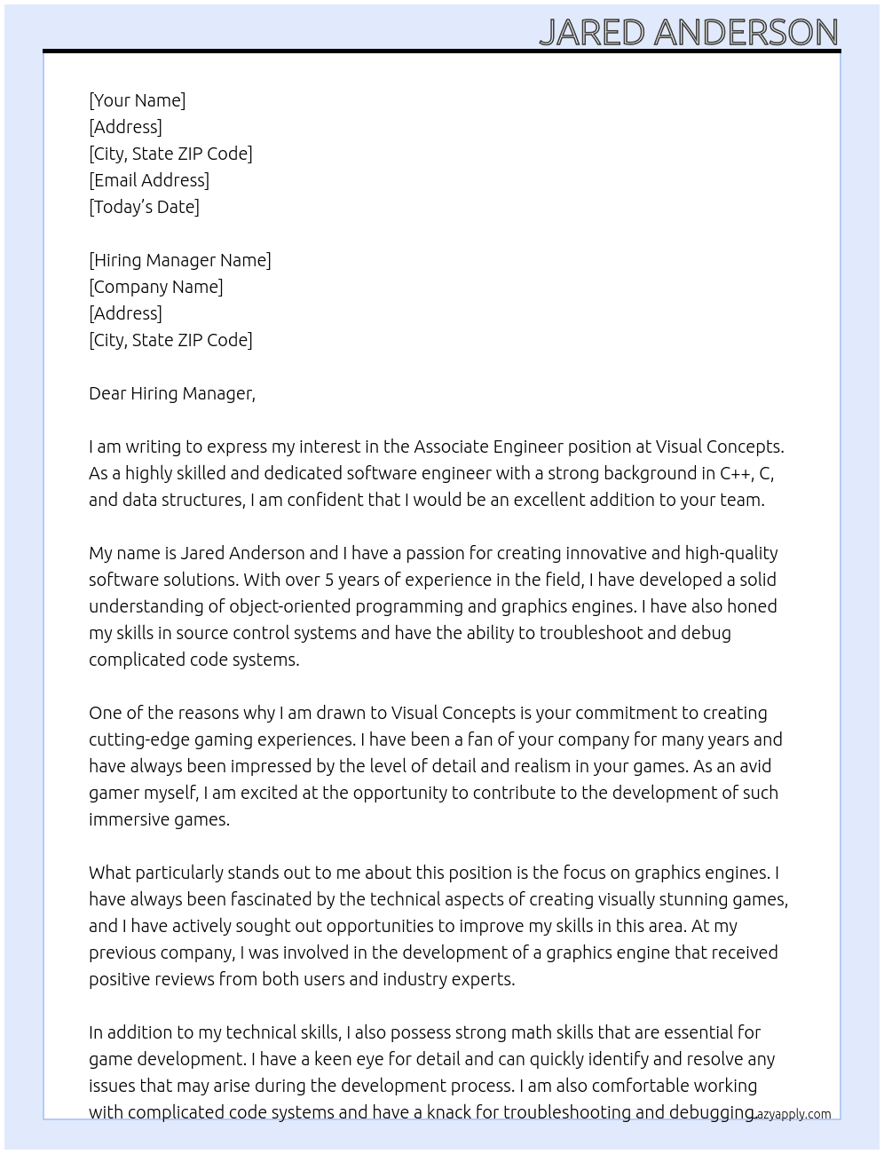 Associate Engineer At Visual Concepts Cover Letter