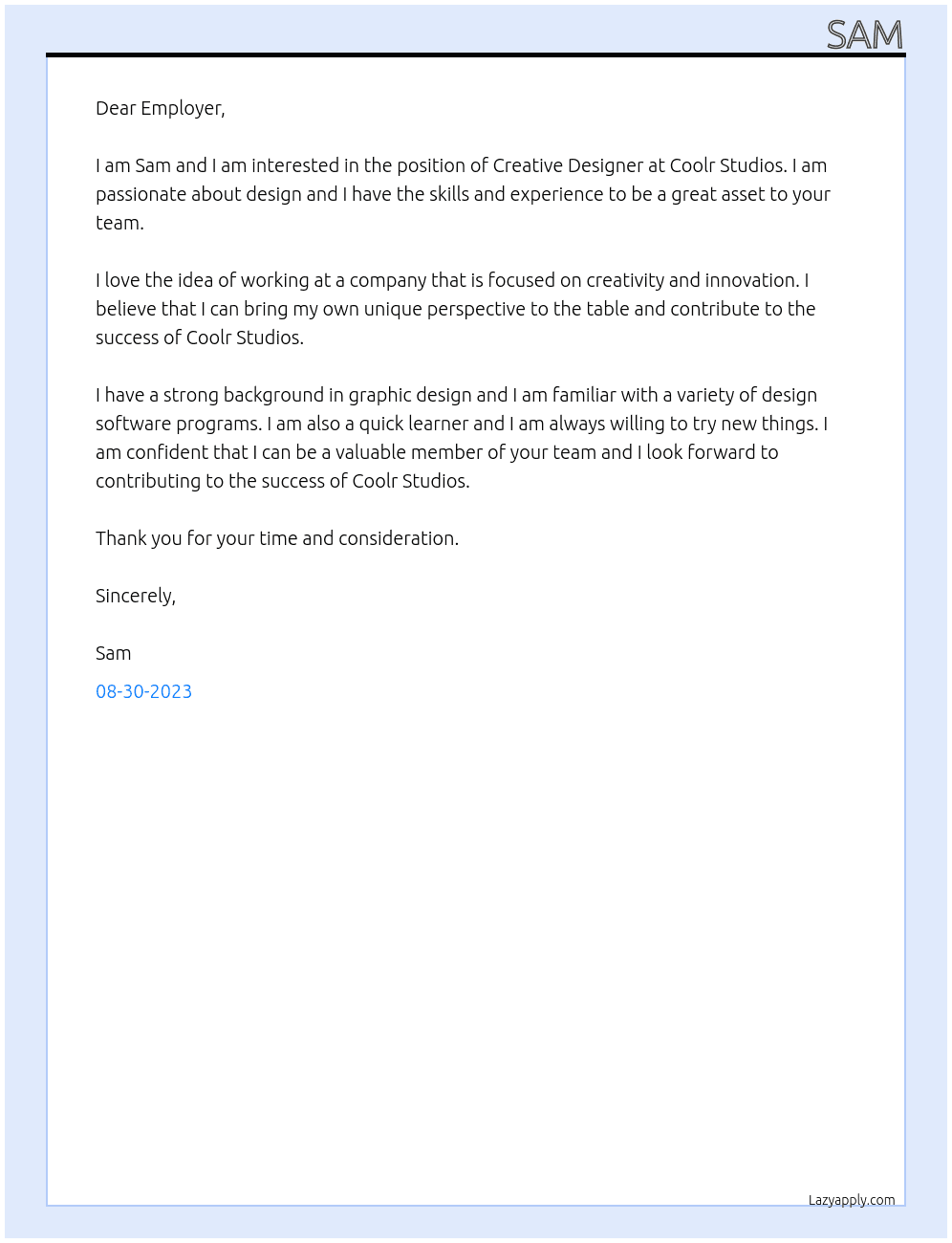 Creative Designer At Coolr Studios Cover Letter