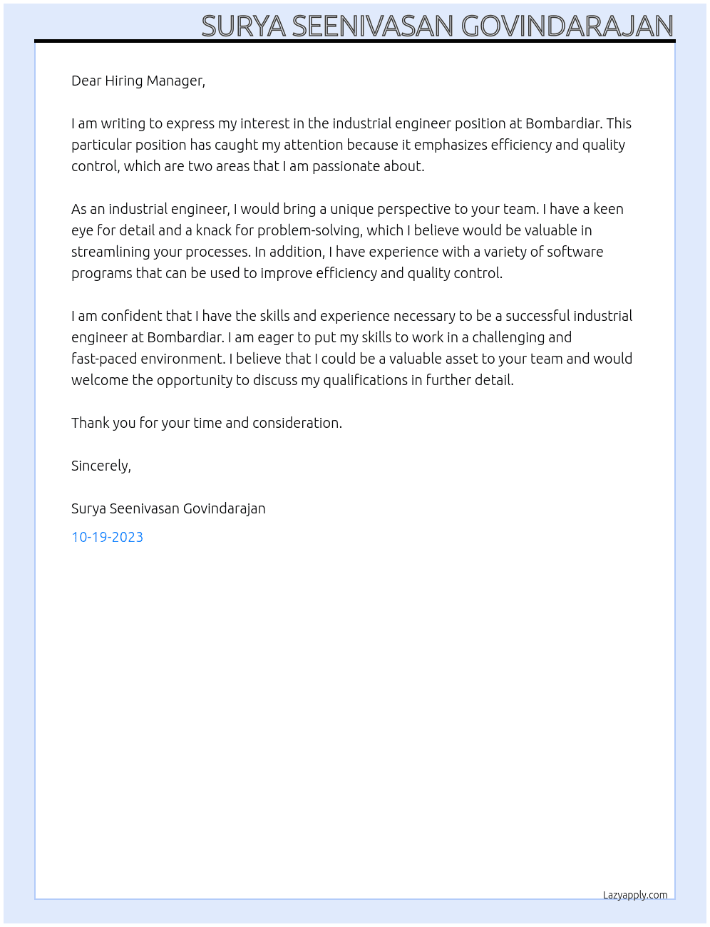 Industrial Engineer At Bombardiar Cover Letter