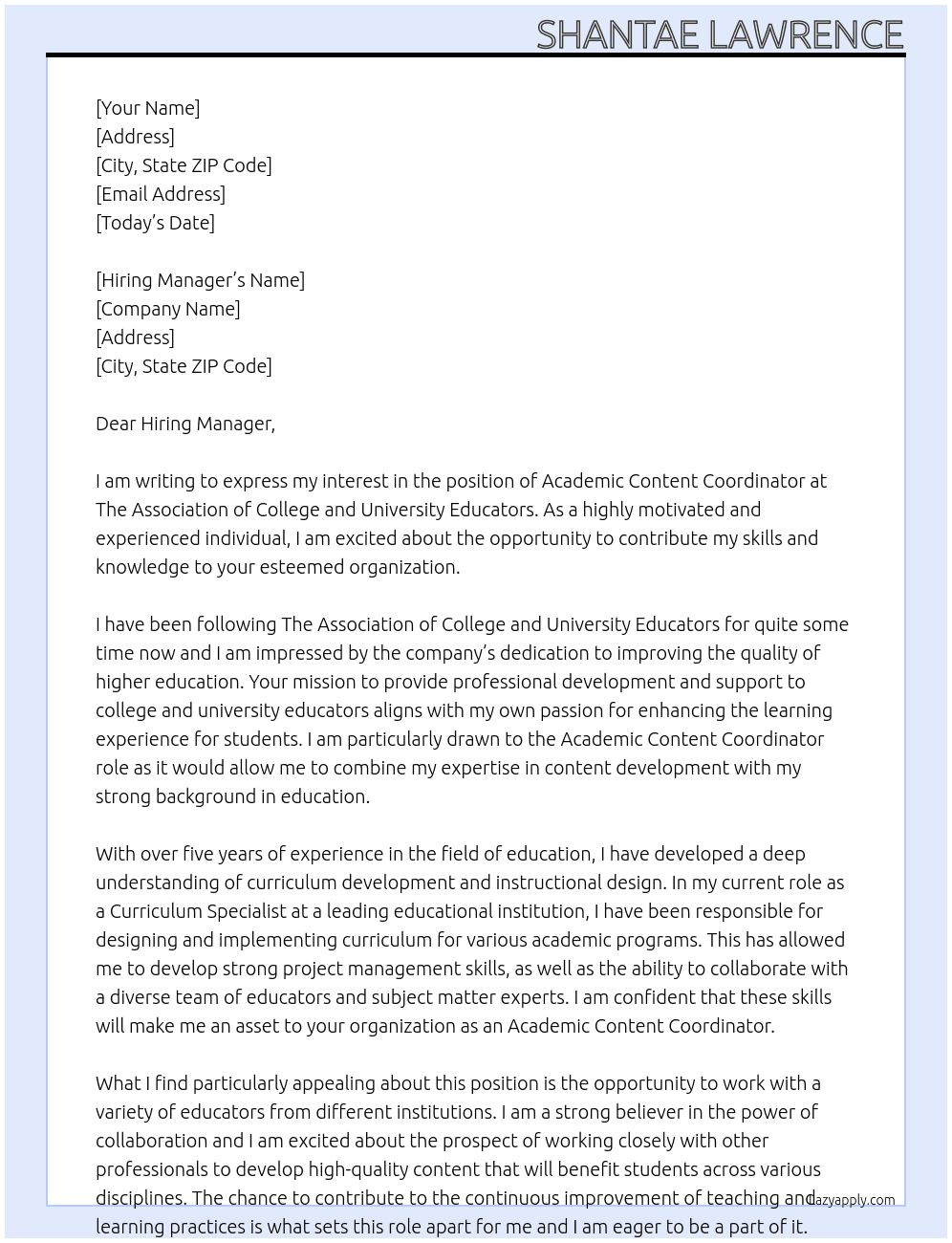 Academic Content Coordinator At The Association of College and University Educators Cover Letter