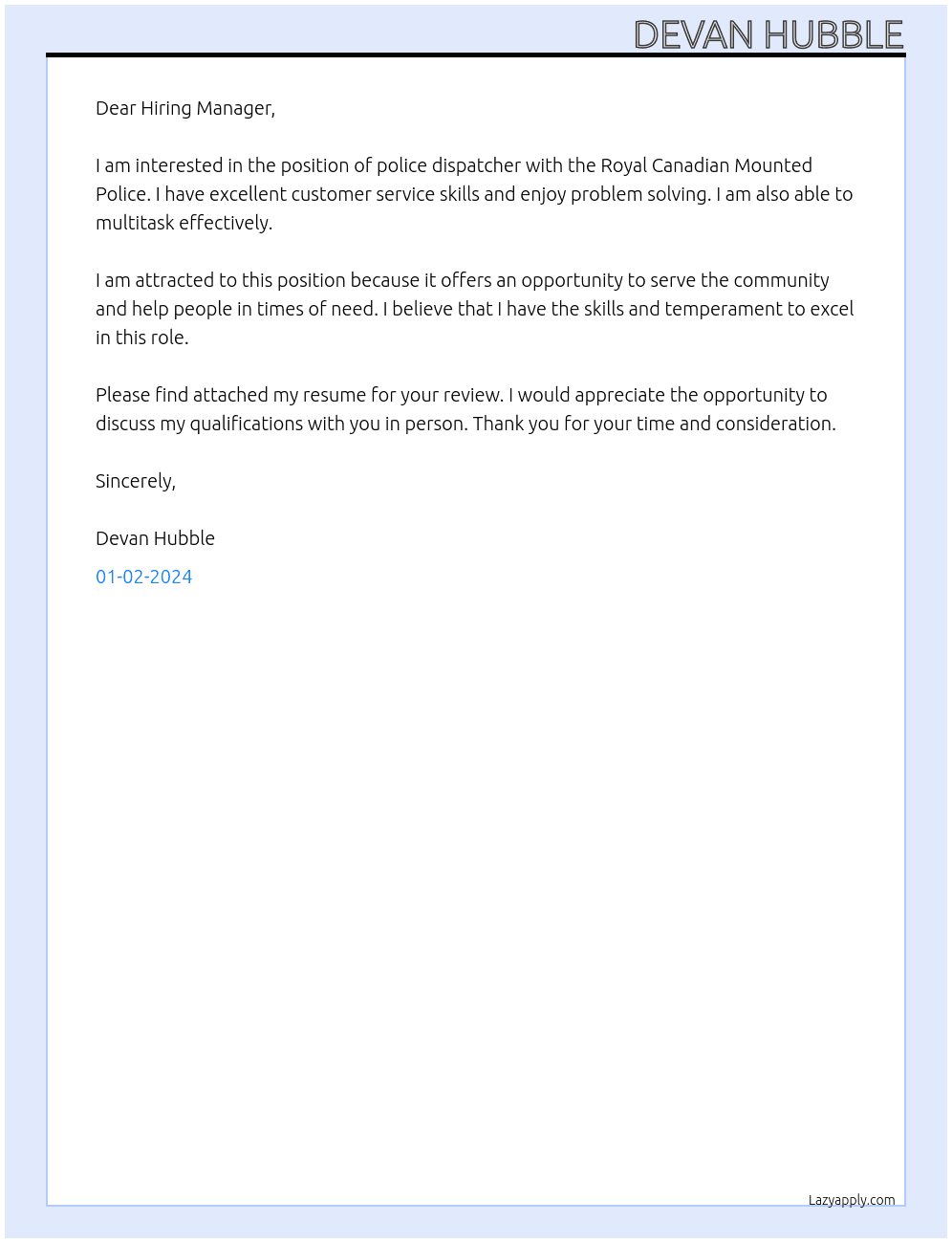 POLICE DISPATCHER  At Royal Canadian Mounted Police Cover Letter