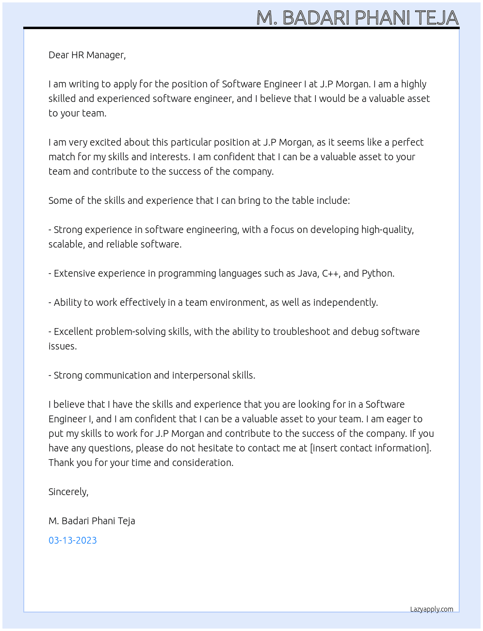 Software Engineer I At J.P Morgan Cover Letter