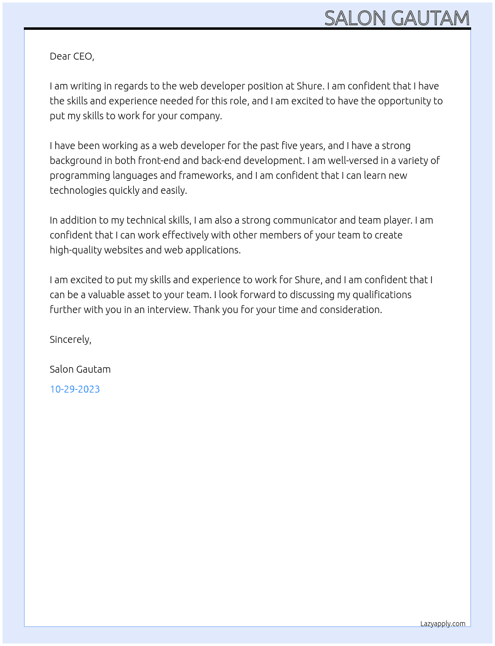 web developer At shure Cover Letter