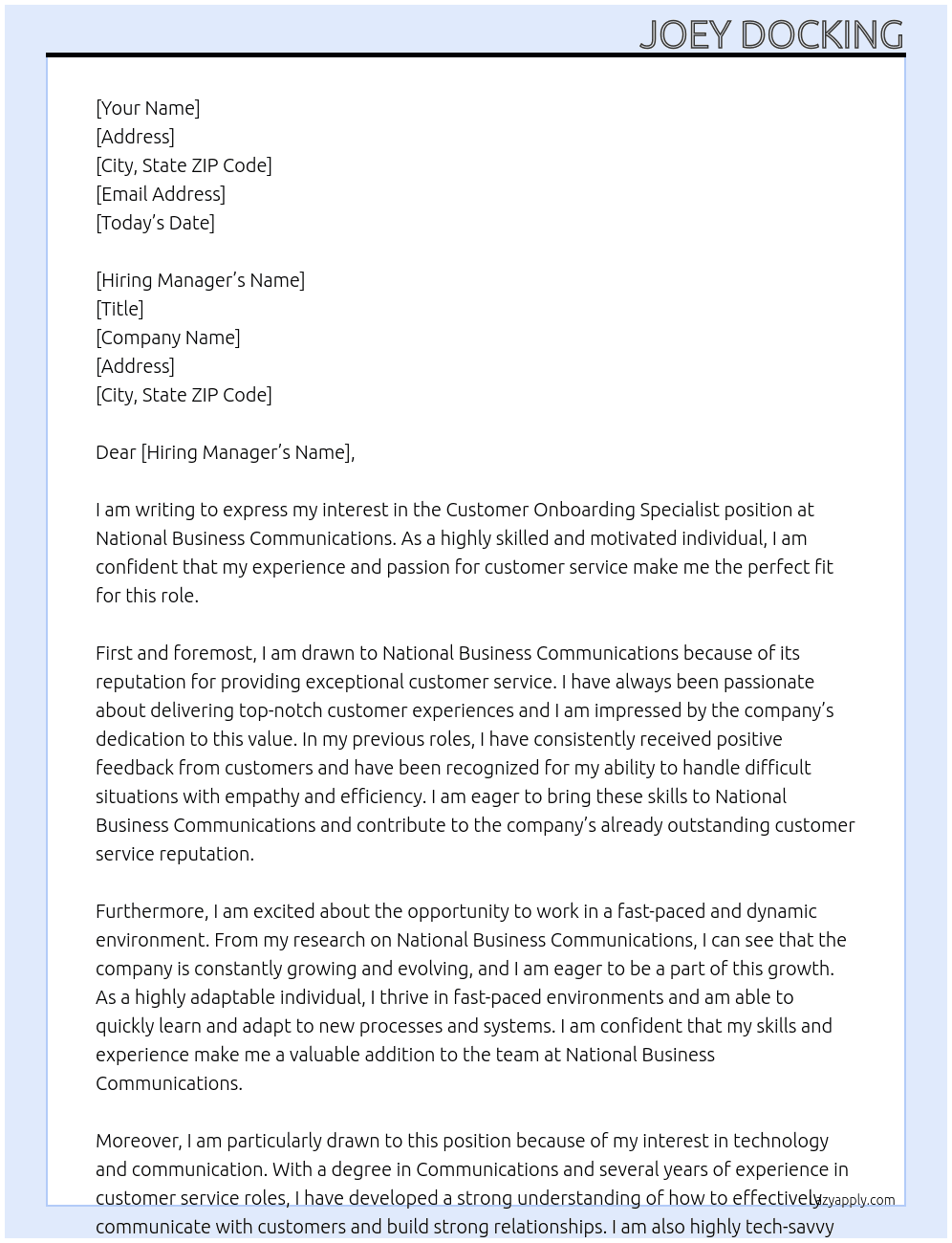 Customer Onboarding Specialist At National Business Communications Cover Letter