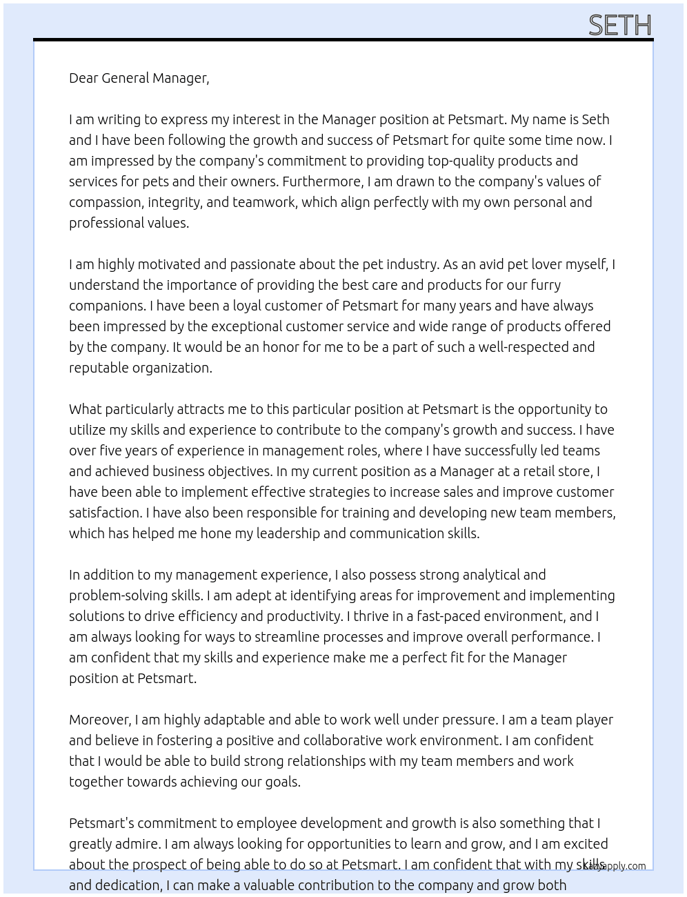 Manager At Petsmart Cover Letter