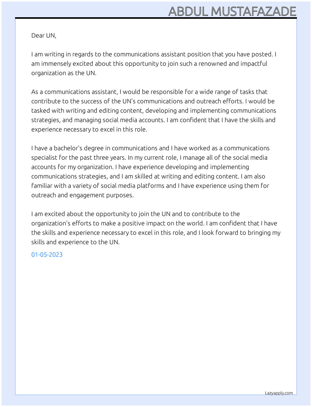 Communications Assistant At UN Cover Letter