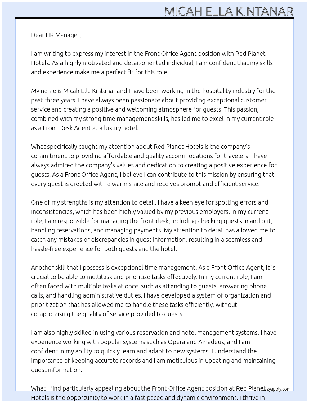 Front Office Agent At Red Planet Hotels Cover Letter