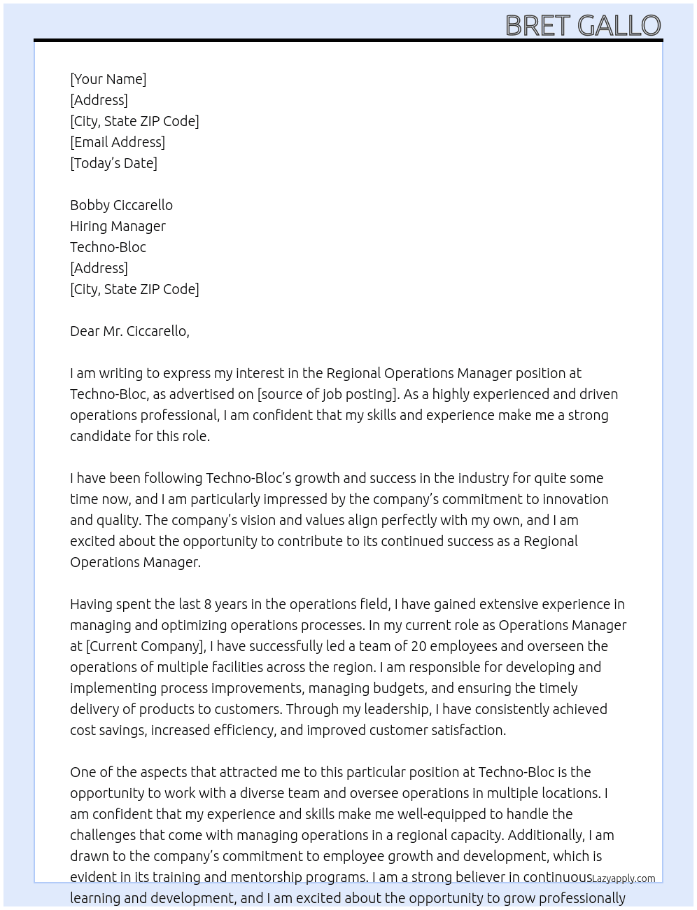 Regional operations manager  At Techno-Bloc Cover Letter