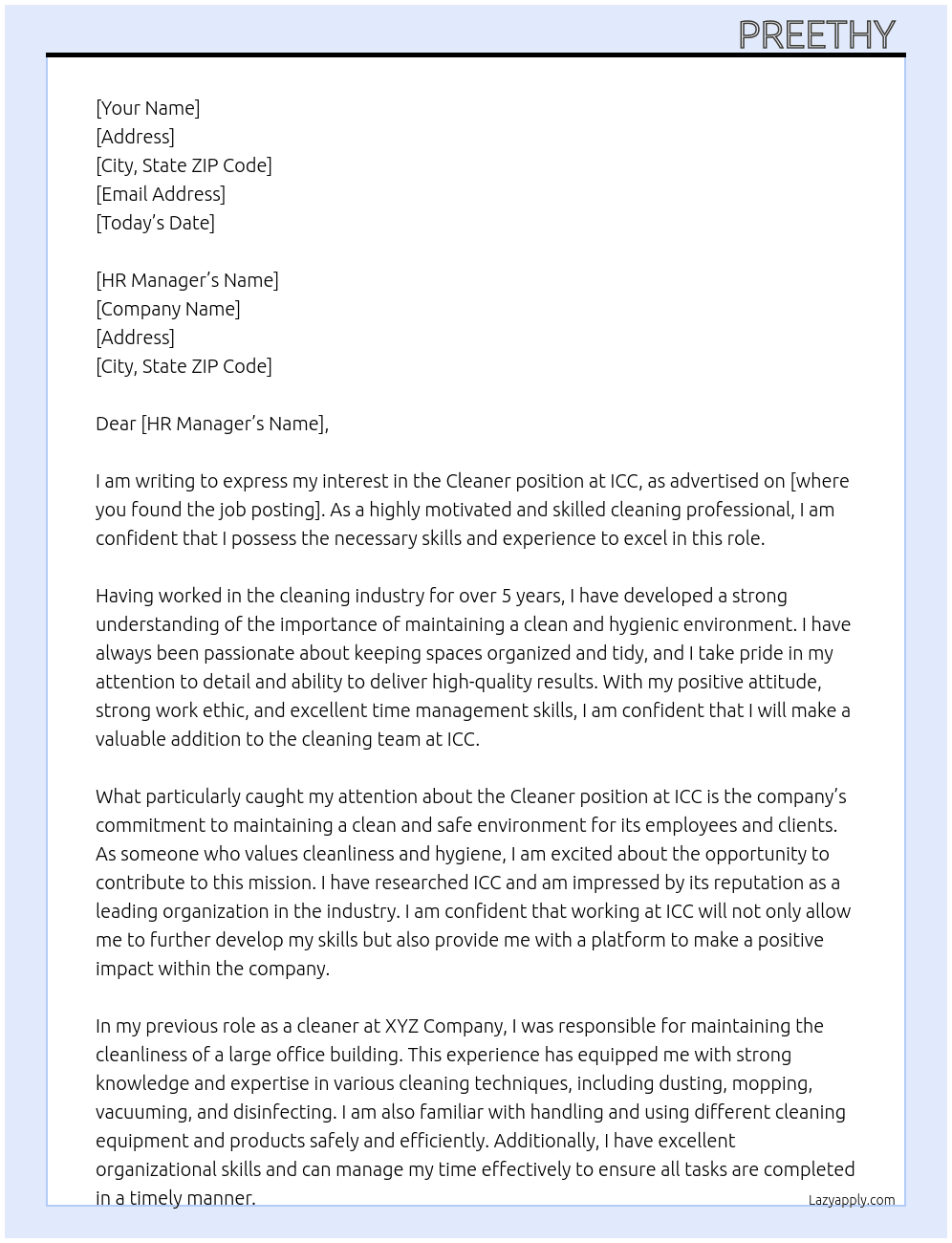 Cleaner  At ICC  Cover Letter