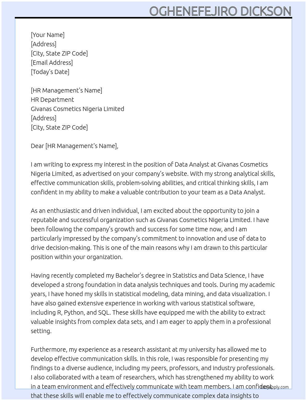 Data analyst At Givanas cosmetics Nigeria limited Cover Letter