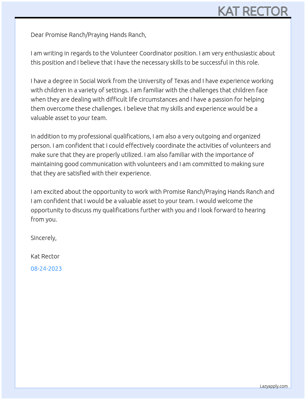 Volunteer Coordinator  At Promise Ranch/Praying Hands Ranch Cover Letter