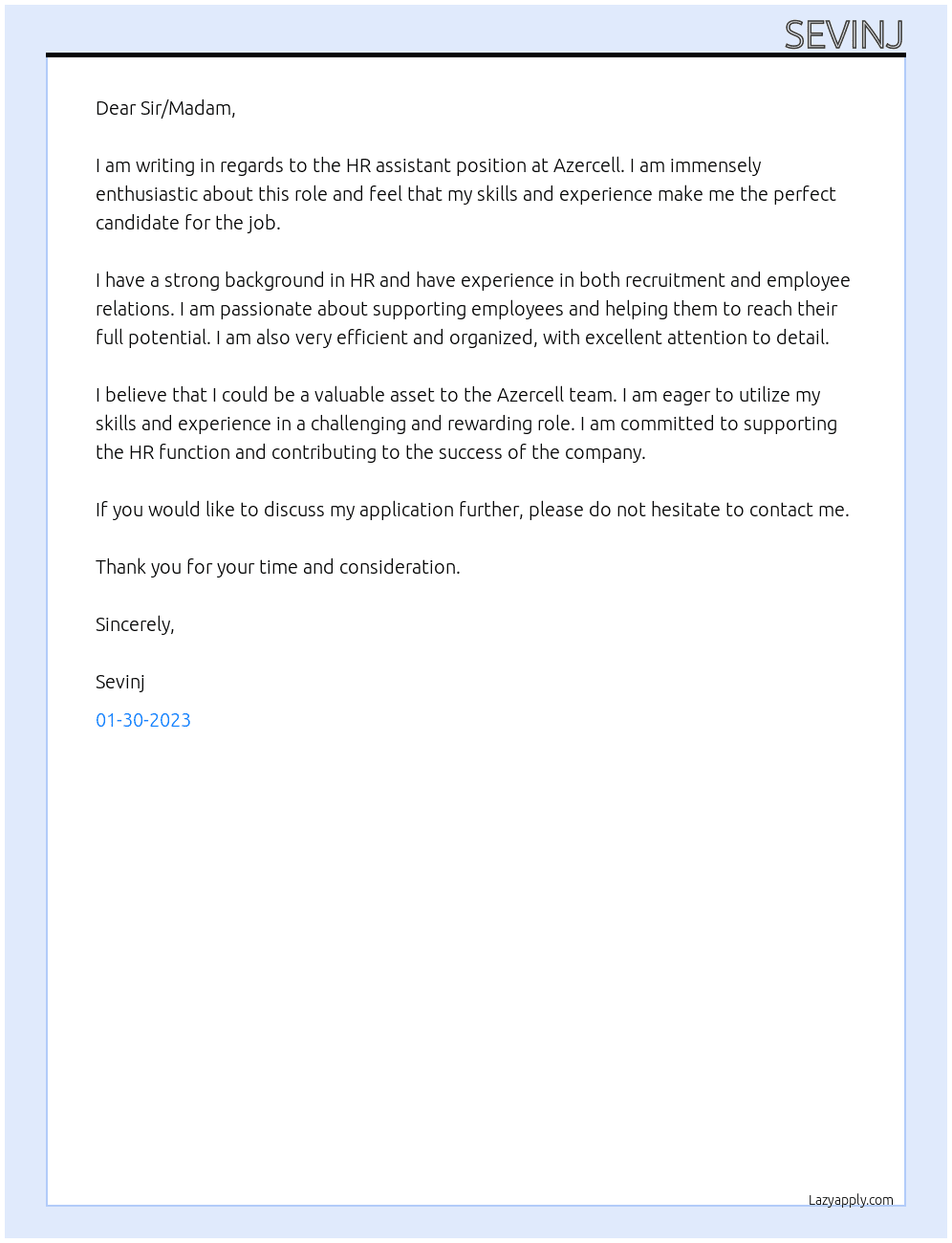 HR Assistant At Azercell Cover Letter