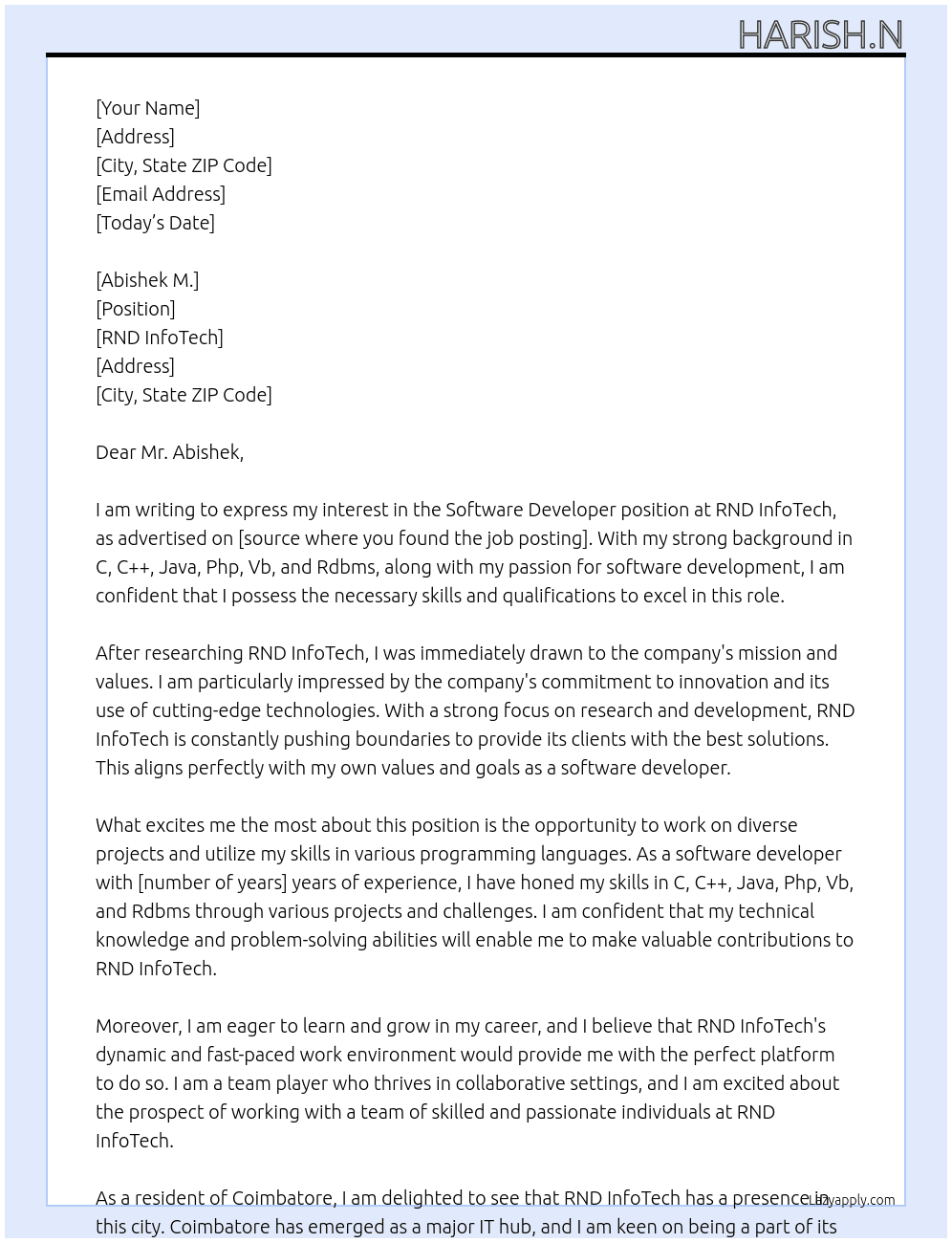 Software Developer At RND InfoTech Cover Letter