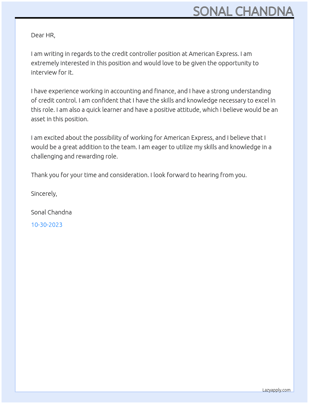 credit controller  At American express Cover Letter